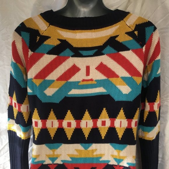 Vintage Jessica Simpson Long Sweater Size XS Tribal Aztec Navy Mustard Y2K - Picture 7 of 14